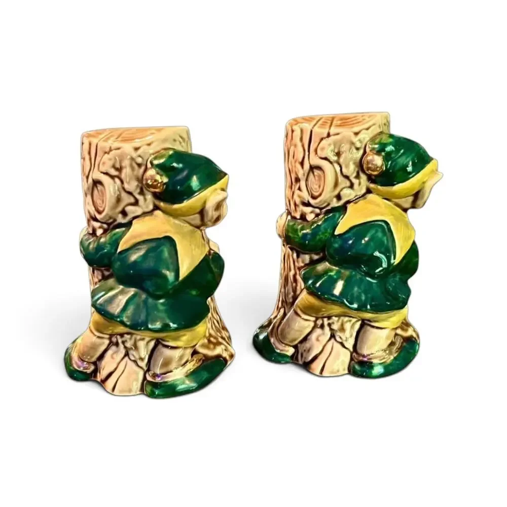 Vintage 1950s Japan Elf Pixie Salt Pepper Shakers-Tree-Christmas-MCM-Kitsch-Pair